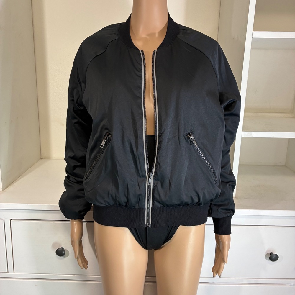 Fabletics Womens Black Full Zip Bomber Jacket Large Satin Finish Activewear